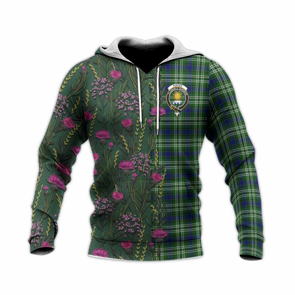 Purves Family Crest Tartan Knitted Hoodie Scottish Thistle Flower Pattern Half Style - Tartan Vibes Clothing