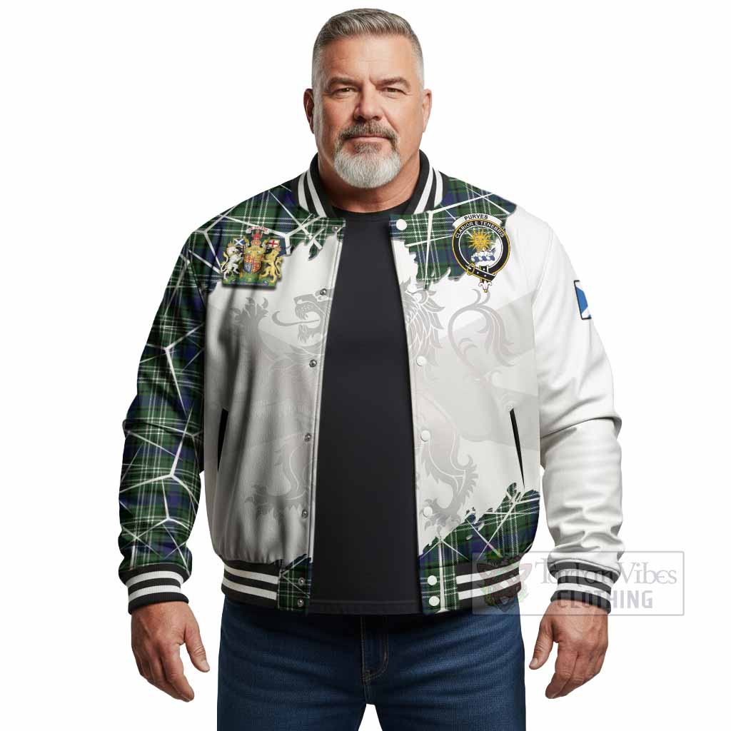 Purves Tartan Baseball Jacket with Family Crest and Lion Rampant Grunge Style