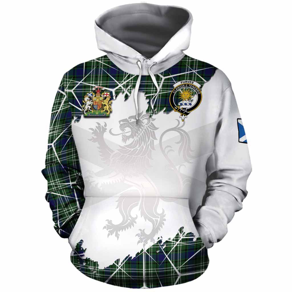 Purves Tartan Cotton Hoodie with Family Crest and Lion Rampant Grunge Style