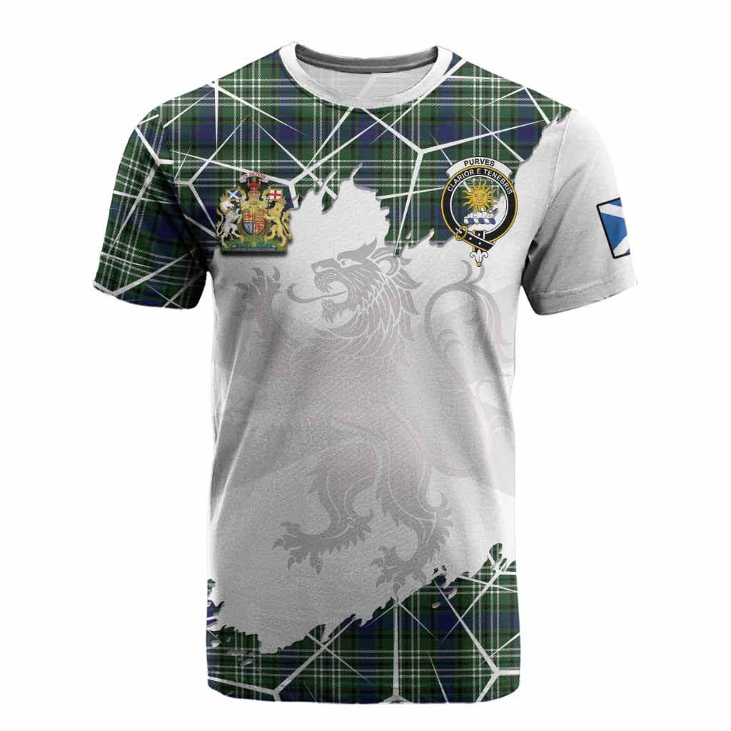 Purves Tartan Cotton T-shirt with Family Crest and Lion Rampant Grunge Style