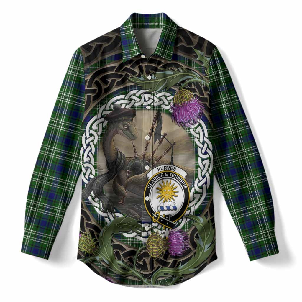 Purves Tartan Crest Bagpipe Nessie Women Casual Shirt Scottish Loch Ness Monster Celtic Thistle
