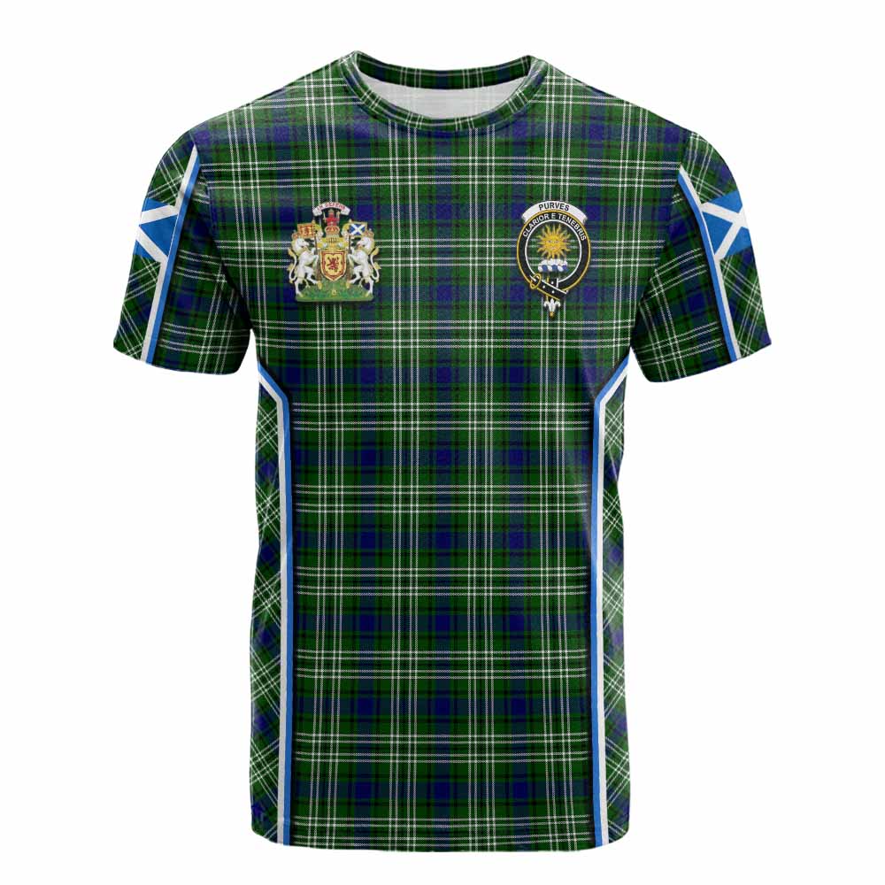 Purves Tartan Crest Cotton T-shirt Scotland Coat of Arm Flag Style - Tartan Vibes Clothing