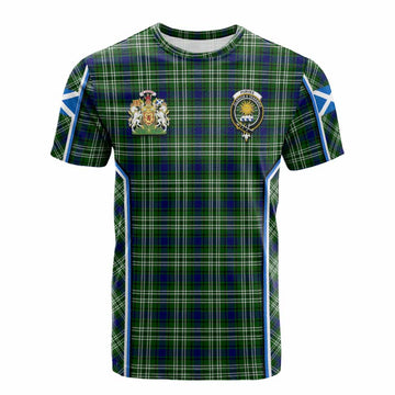 Purves Tartan Crest Cotton T-shirt Scotland Coat of Arm Flag Style