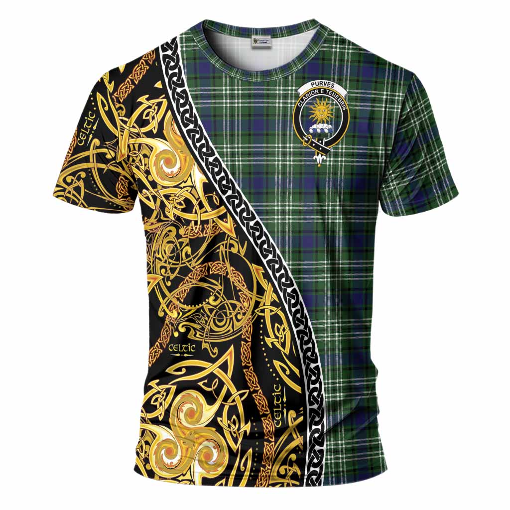 Purves Tartan Crest T-Shirt Celtic Knot and Triple Trickle Spiral Symbols