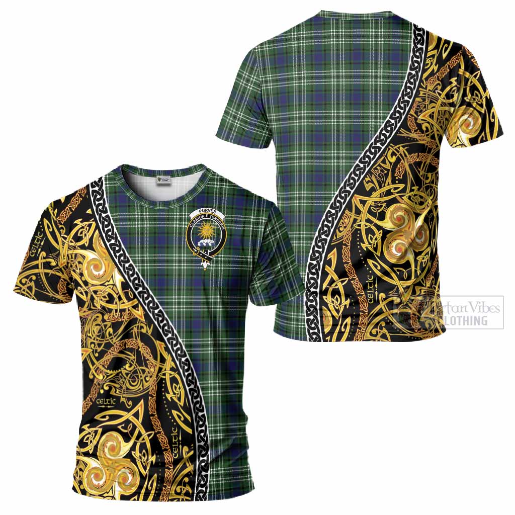 Purves Tartan Crest T-Shirt Celtic Knot and Triple Trickle Spiral Symbols