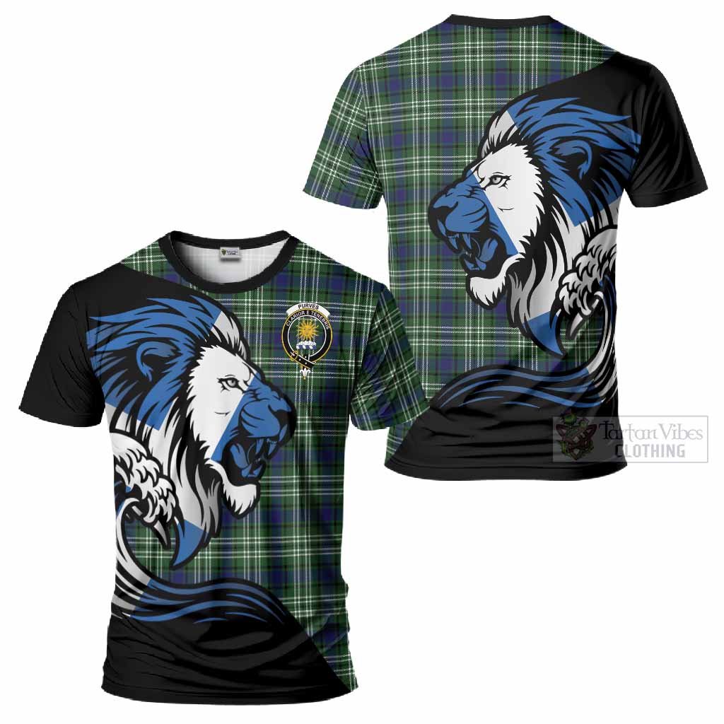 Purves Tartan Crest T-Shirt Scottish Golden Lions Wave Flow