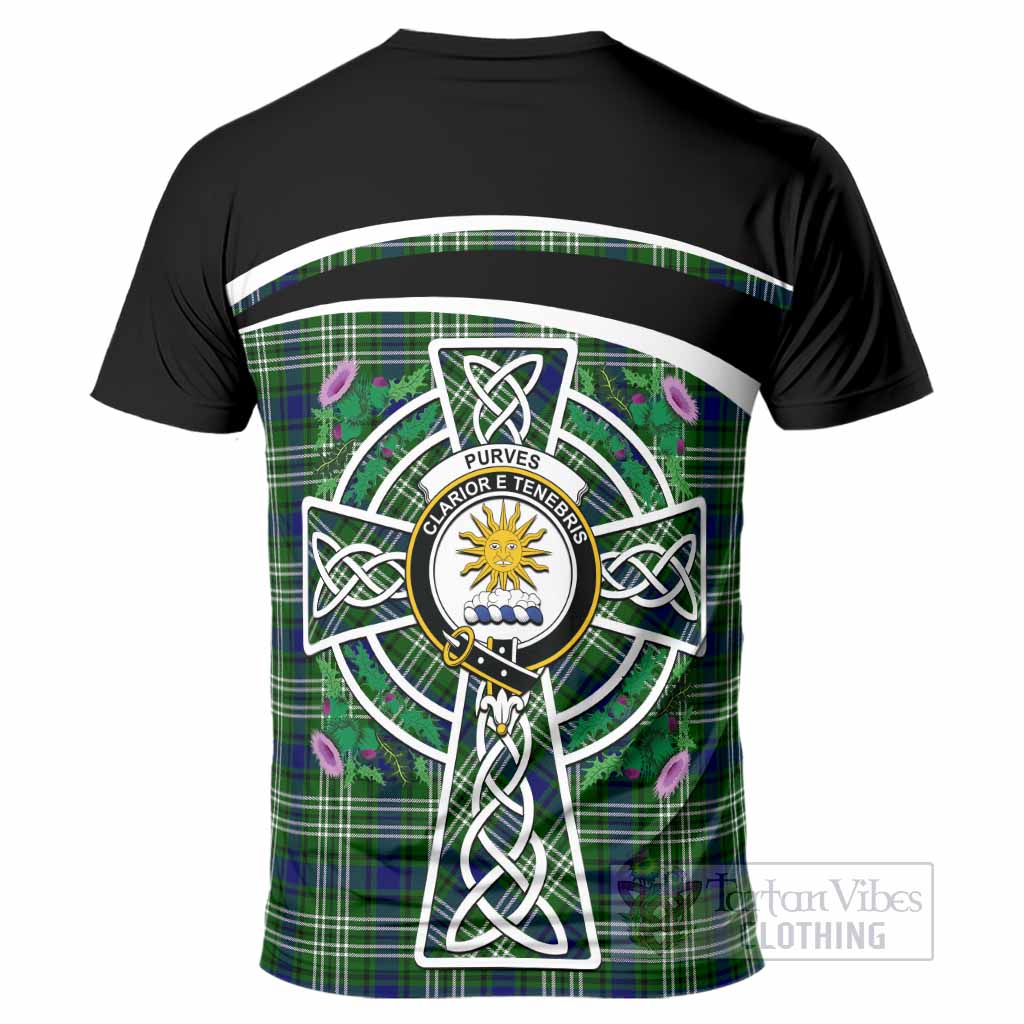 Purves Tartan Crest T-Shirt Scottish Thistle Celtic Cross Alba Gu Brath