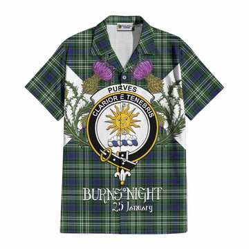 Purves Tartan Family Crest Cotton Hawaiian Shirt Scottish Burns Night Thistle Floral