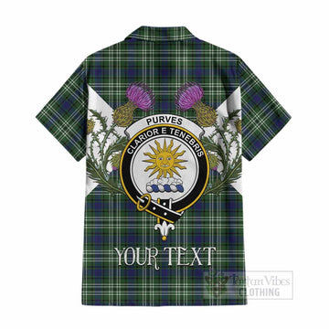 Purves Tartan Family Crest Cotton Hawaiian Shirt Scottish Burns Night Thistle Floral