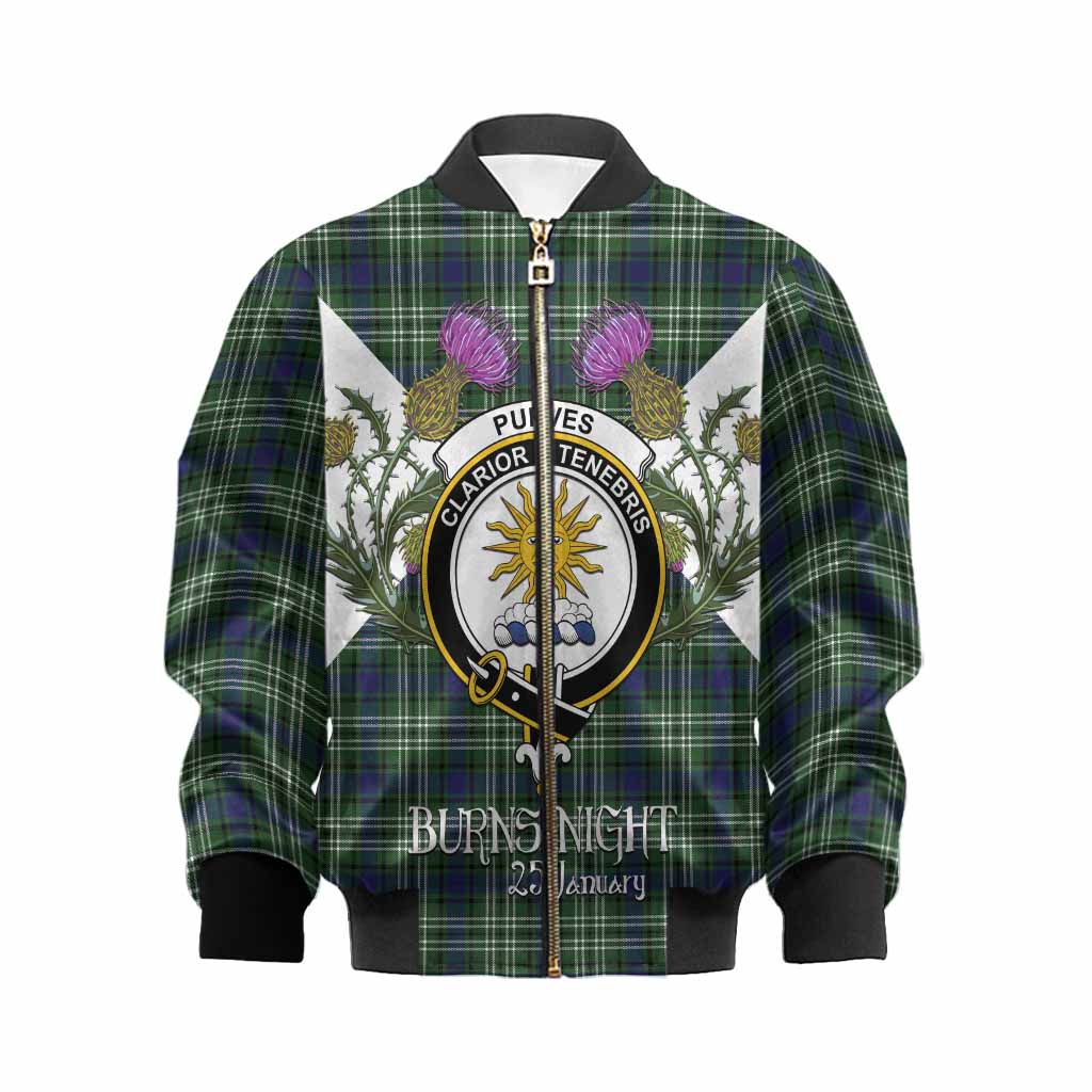Purves Tartan Family Crest Kid Bomber Jacket Scottish Burns Night Thistle Floral