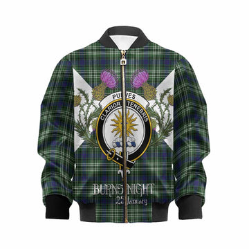 Purves Tartan Family Crest Kid Bomber Jacket Scottish Burns Night Thistle Floral