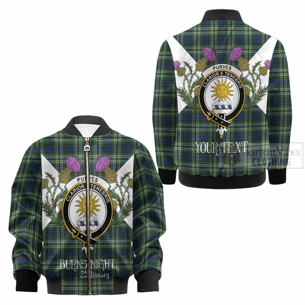 Purves Tartan Family Crest Kid Bomber Jacket Scottish Burns Night Thistle Floral