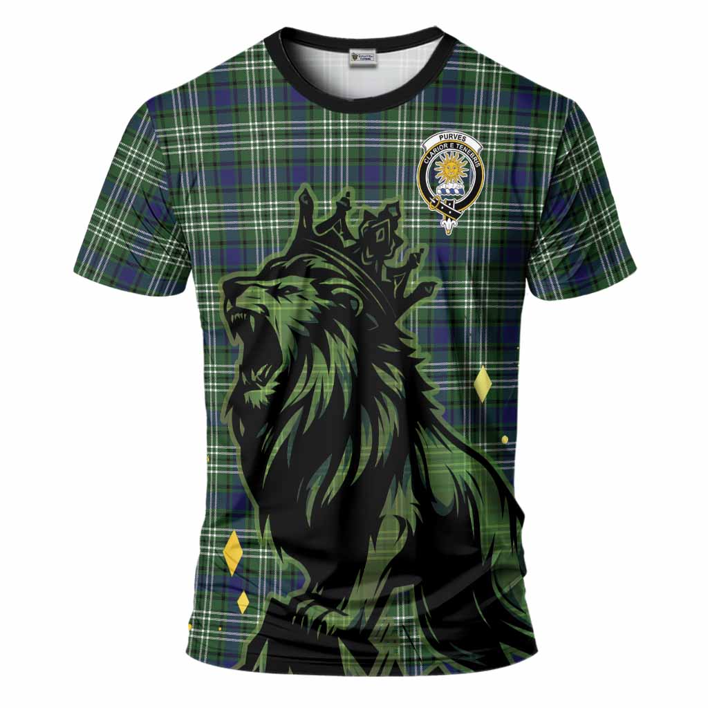 Purves Tartan Family Crest T-Shirt Crowned Lion Roaring