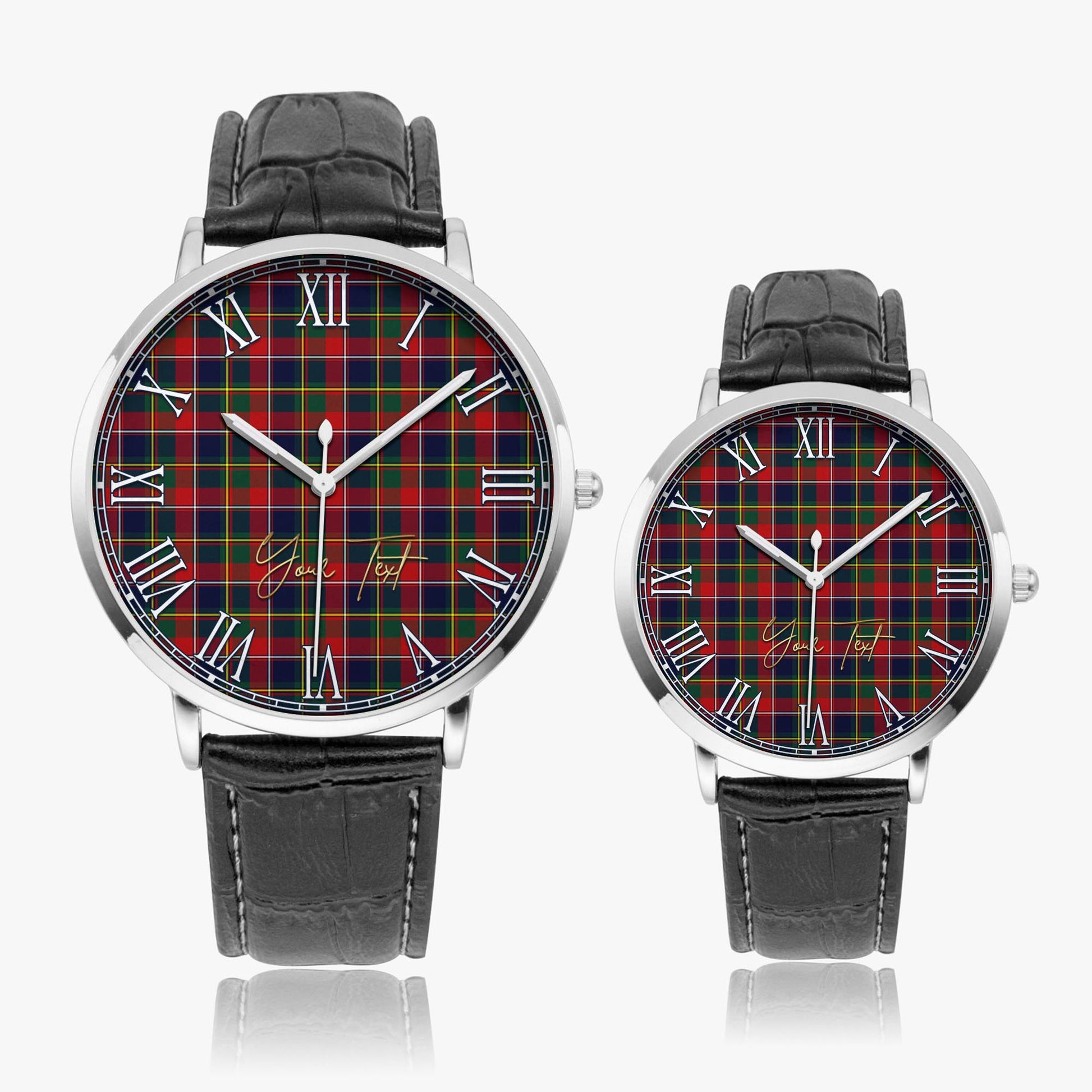 Quebec Province Canada Tartan Personalized Your Text Leather Trap Quartz Watch Ultra Thin Silver Case With Black Leather Strap - Tartanvibesclothing
