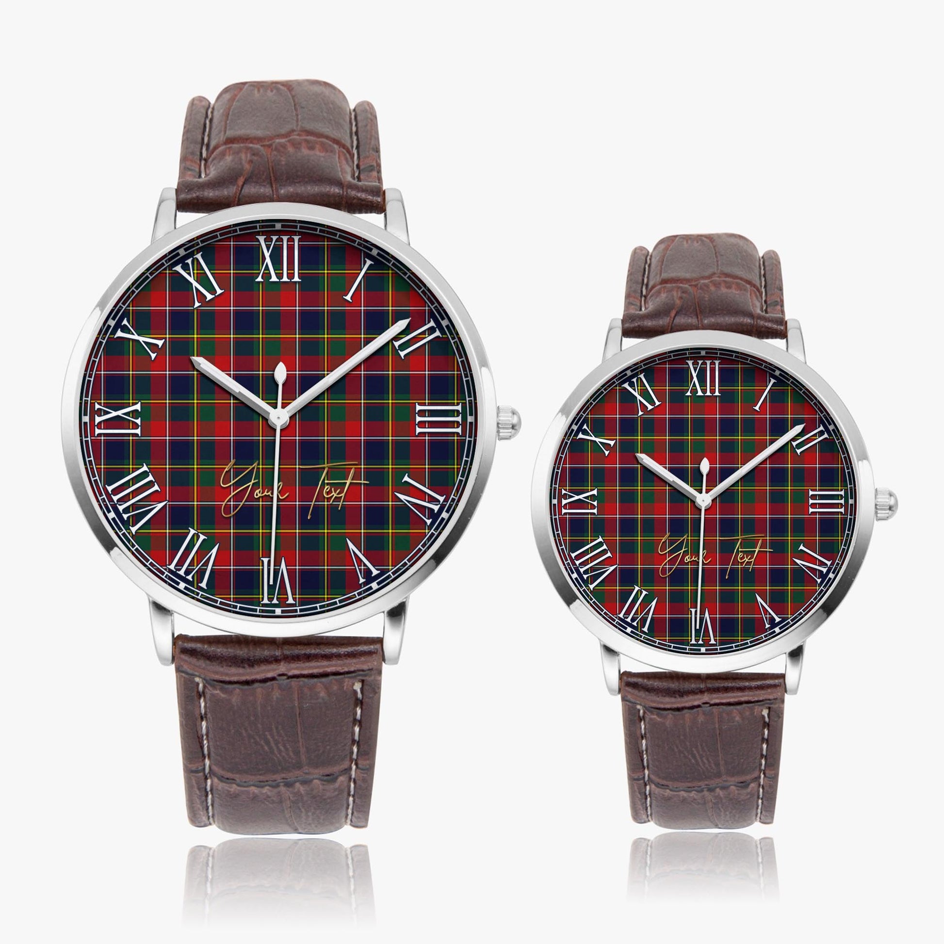 Quebec Province Canada Tartan Personalized Your Text Leather Trap Quartz Watch Ultra Thin Silver Case With Brown Leather Strap - Tartanvibesclothing