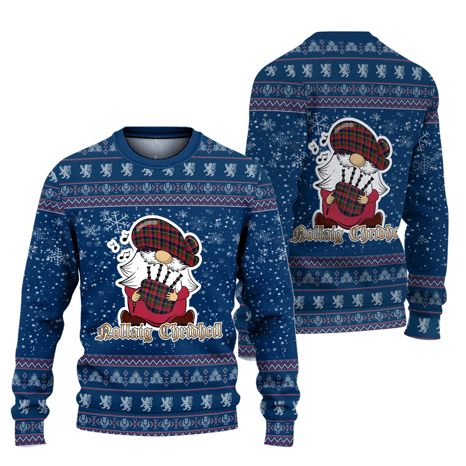 Quebec Province Canada Clan Christmas Family Knitted Sweater with Funny Gnome Playing Bagpipes Unisex Blue - Tartanvibesclothing