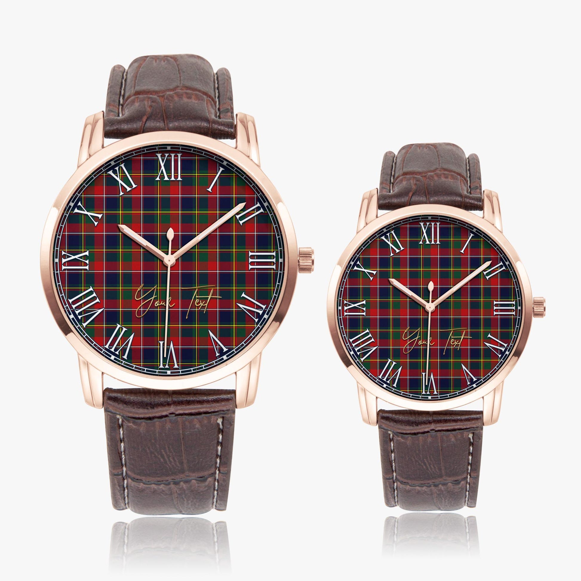 Quebec Province Canada Tartan Personalized Your Text Leather Trap Quartz Watch Wide Type Rose Gold Case With Brown Leather Strap - Tartanvibesclothing