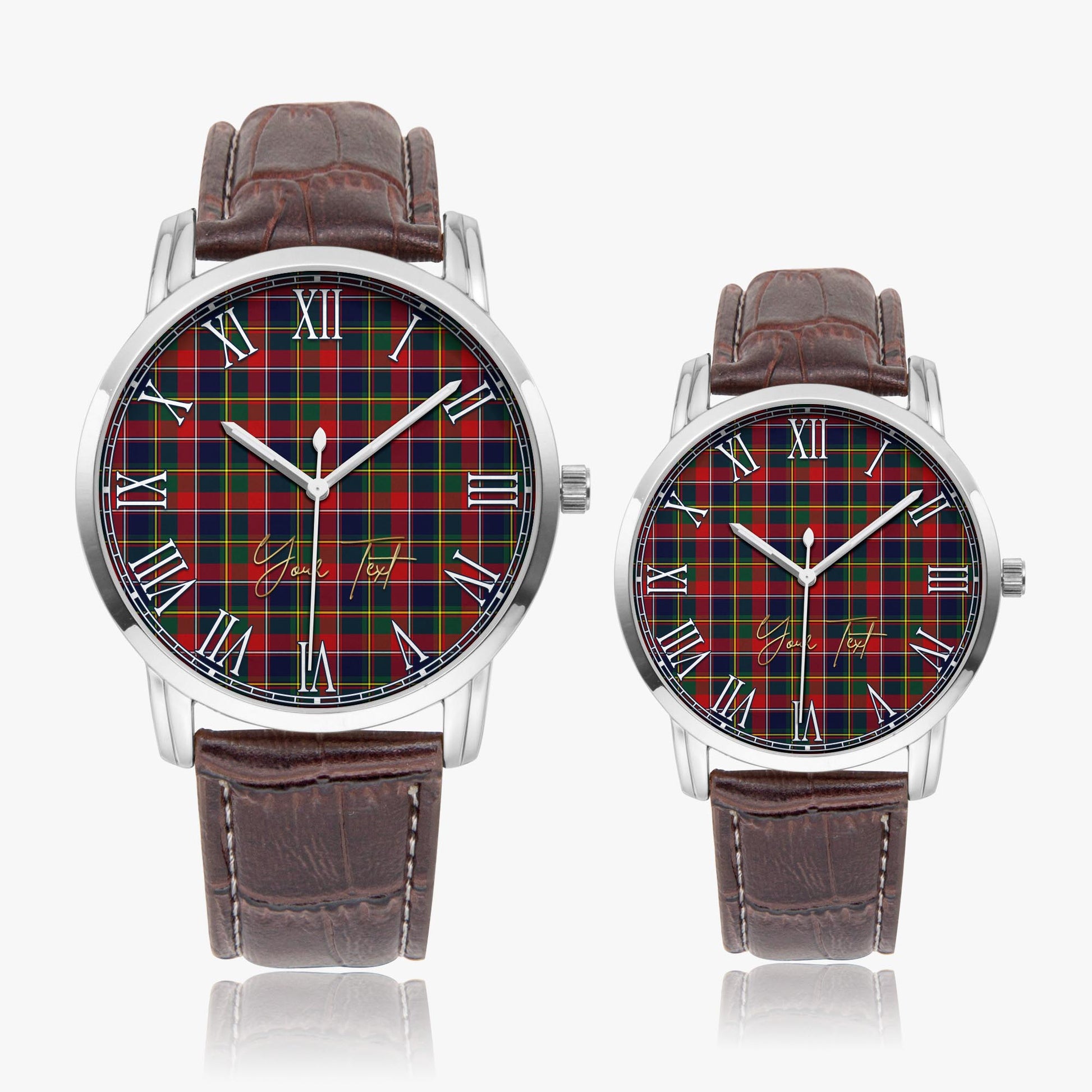 Quebec Province Canada Tartan Personalized Your Text Leather Trap Quartz Watch Wide Type Silver Case With Brown Leather Strap - Tartanvibesclothing