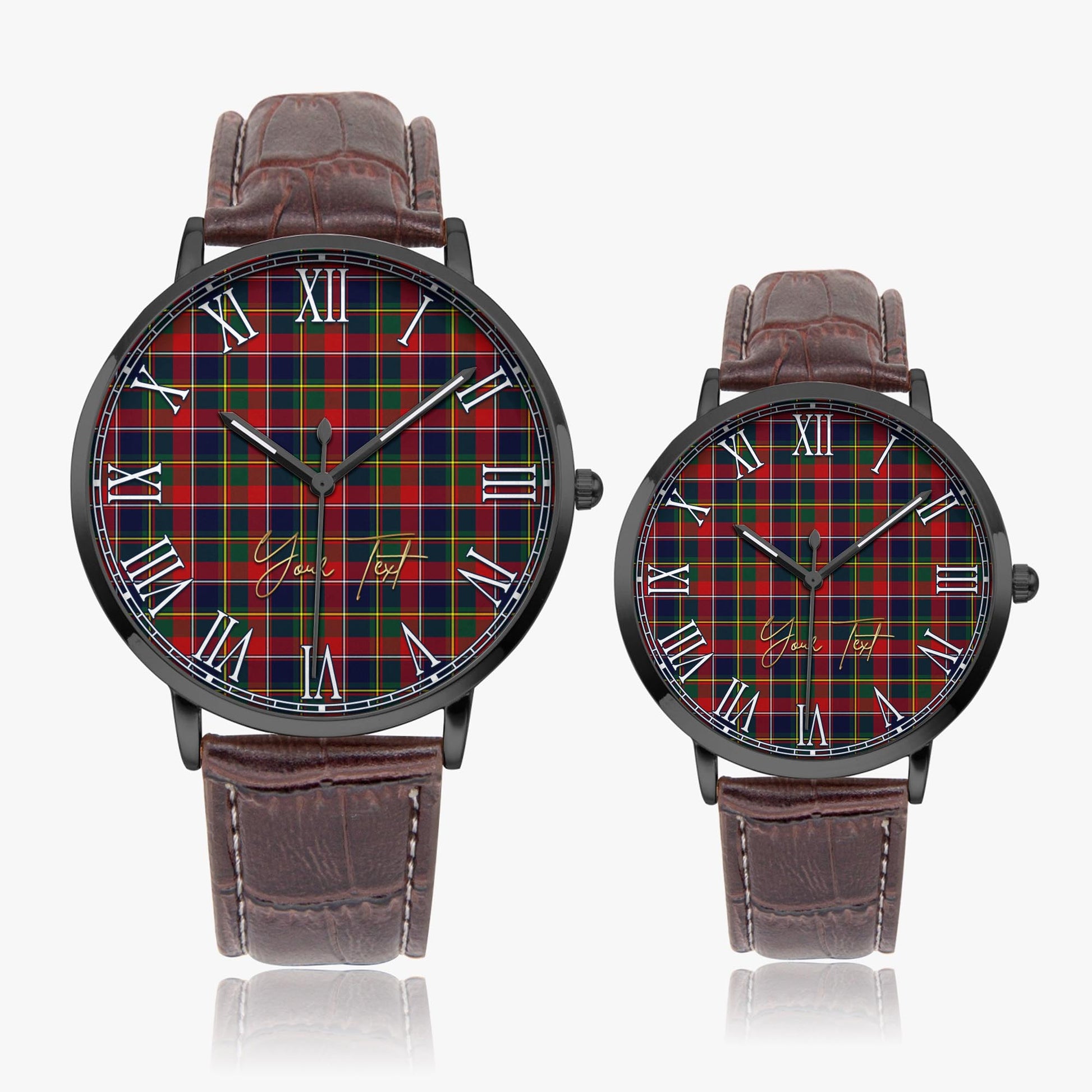 Quebec Province Canada Tartan Personalized Your Text Leather Trap Quartz Watch Ultra Thin Black Case With Brown Leather Strap - Tartanvibesclothing