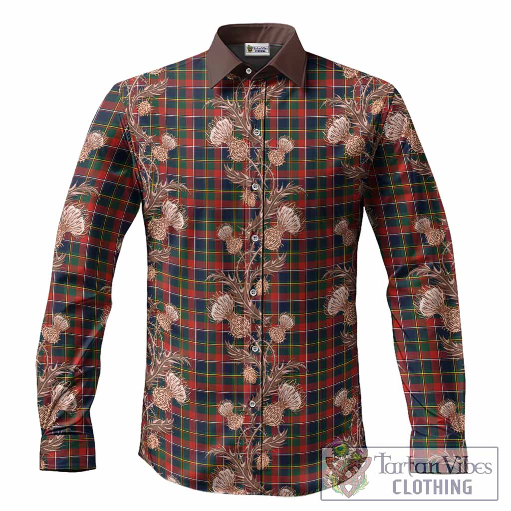 Quebec Tartan Long Sleeve Button Shirts Seamless Scottish Thistle Flowers