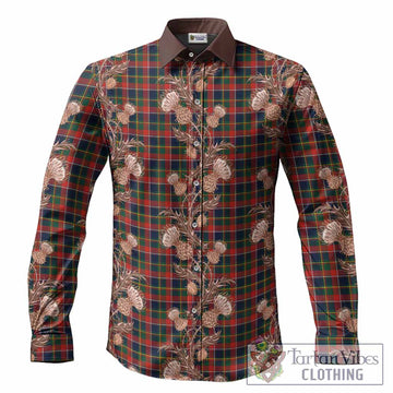 Quebec Tartan Long Sleeve Button Shirts Seamless Scottish Thistle Flowers