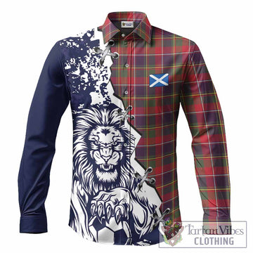 Quebec Tartan Scottish Long Sleeve Button Shirts Angry Lion With Soccer Ball Style