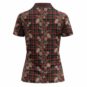 Quebec Tartan Women Polo Shirt Seamless Scottish Thistle Flowers