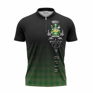 Tartan Vibes Clothing Quinn Irish Clan Zipper Polo Shirt with Coat of Arms Erin Go Bragh Celtic Inspired