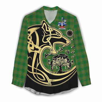 Tartan Vibes Clothing Rafter Irish Tartan Women's Casual Shirt with Coat of Arms Celtic Wolf Style