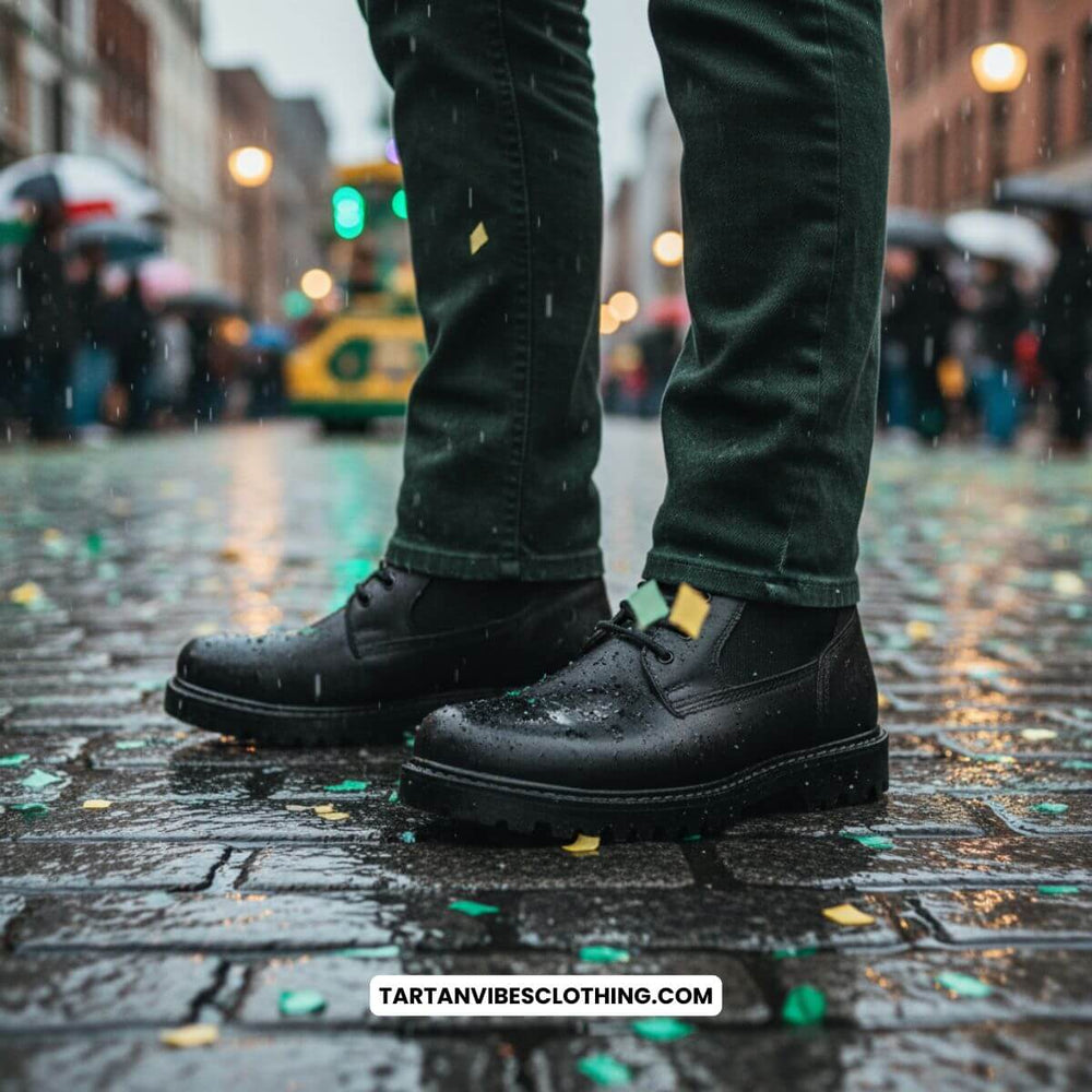 Black waterproof leather shoes on rainy city street – durable St. Patrick’s Day footwear