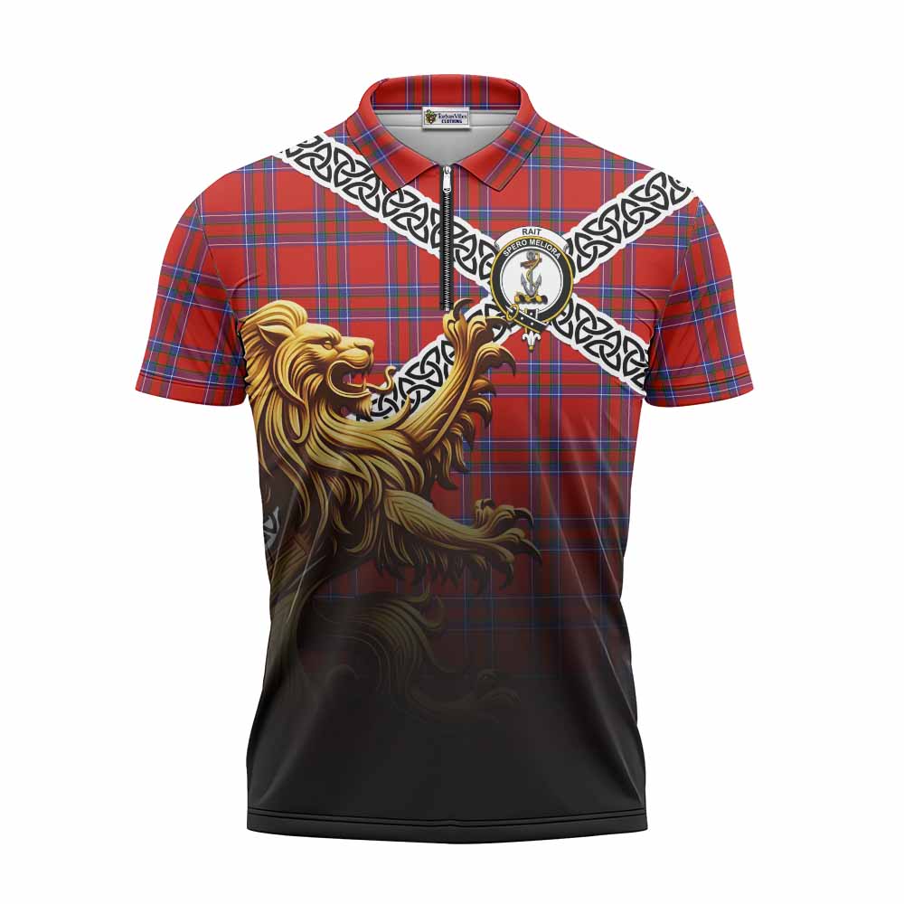 Tartan Vibes Clothing Rait Crest Tartan Zipper Polo Shirt with Golden Lion Emblem Celtic Style