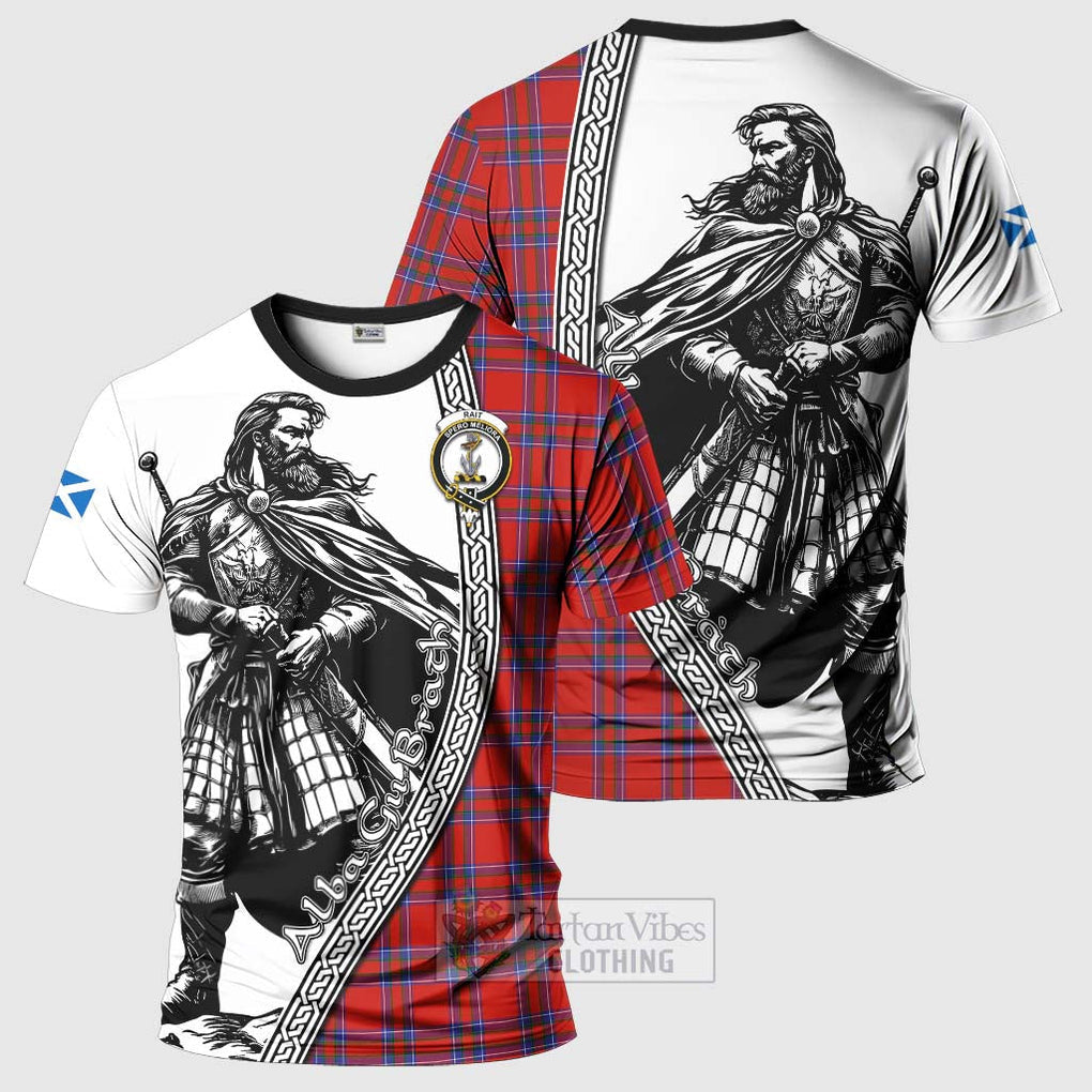 Tartan Vibes Clothing Rait Tartan Clan Crest T-Shirt with Highlander Warrior Celtic Style