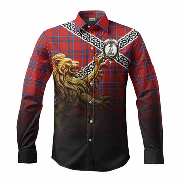 Rait Crest Tartan Long Sleeve Button Shirt with Golden Lion Emblem Celtic Style