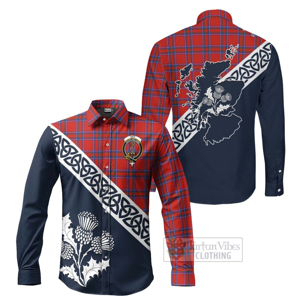 Tartan Vibes Clothing Rait Tartan Long Sleeve Button Shirt Featuring Thistle and Scotland Map
