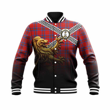 Rait Crest Tartan Baseball Jacket with Golden Lion Emblem Celtic Style