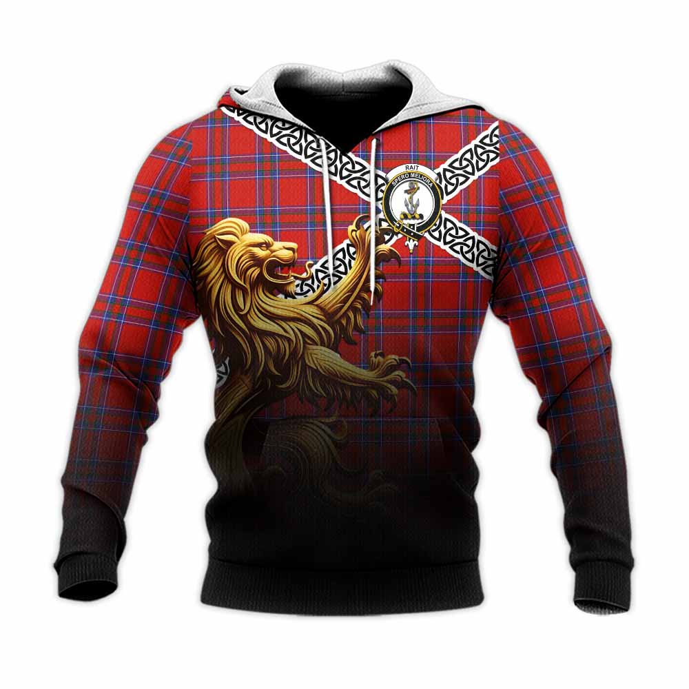 Tartan Vibes Clothing Rait Crest Tartan Knitted Hoodie with Golden Lion Emblem Celtic Style