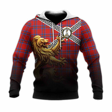 Rait Crest Tartan Knitted Hoodie with Golden Lion Emblem Celtic Style