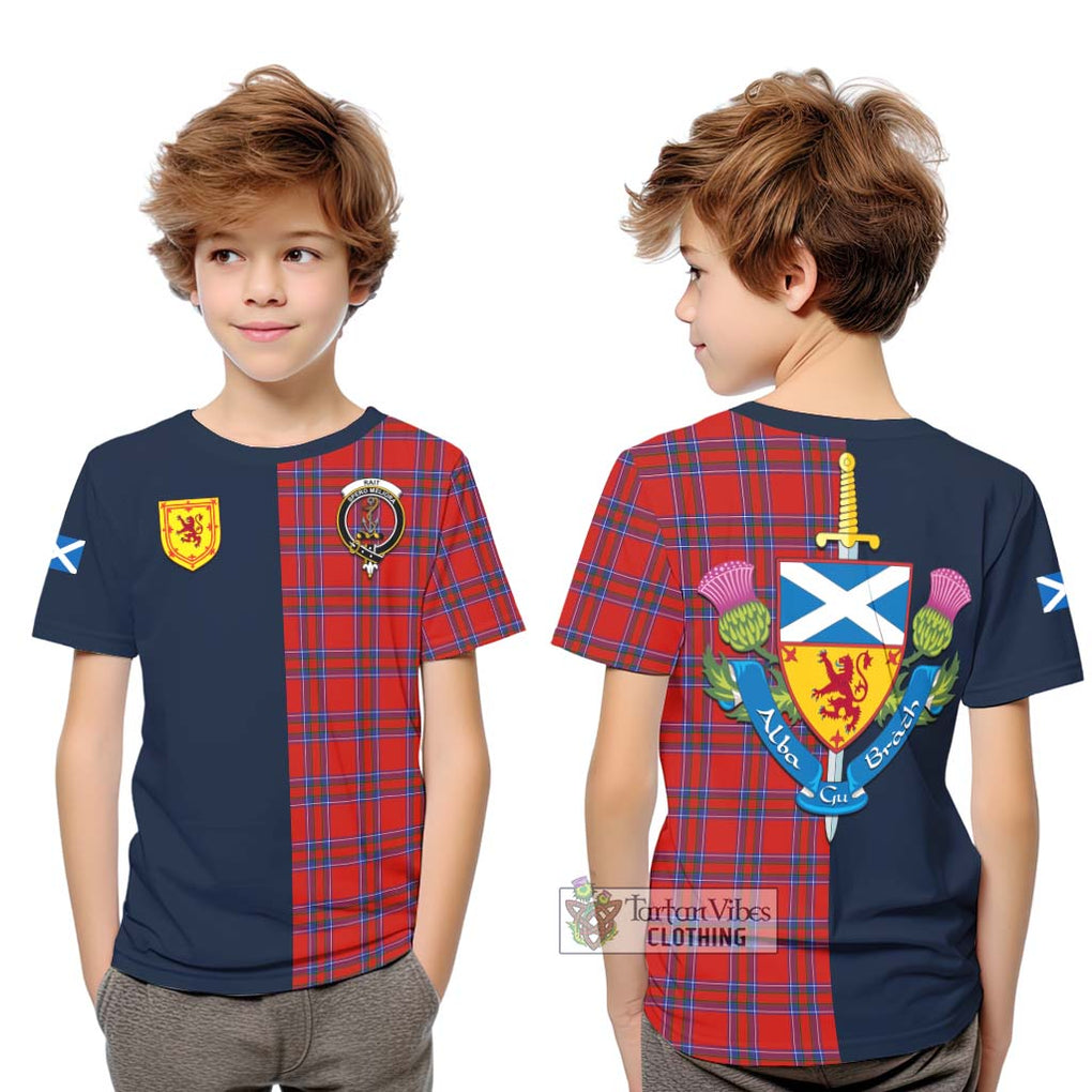 Tartan Vibes Clothing Rait Tartan Kid T-Shirt with Scottish Lion Royal Arm Half Style