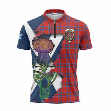 Rait Tartan Family Crest Zipper Polo Shirt Scottish Thistle Celtic Inspired