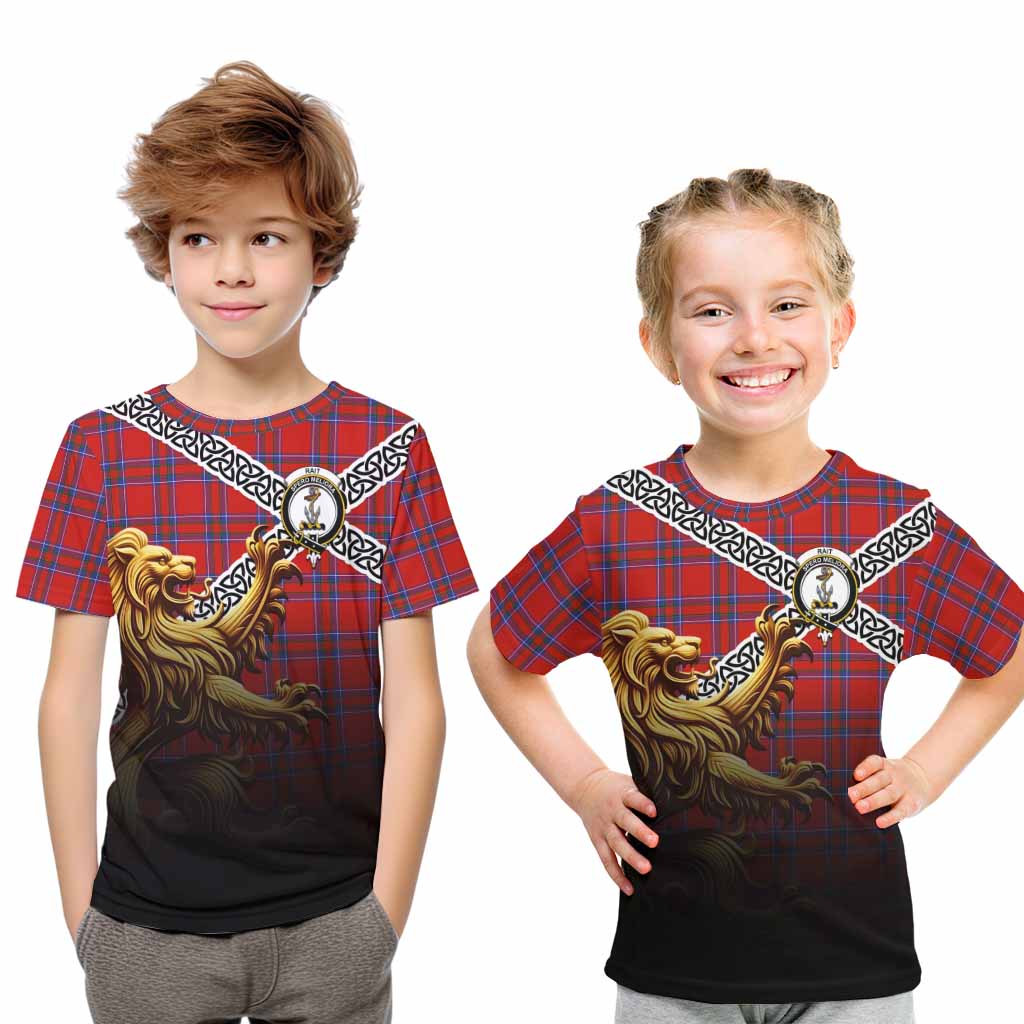 Tartan Vibes Clothing Rait Crest Tartan Kid T-Shirt with Golden Lion Emblem Celtic Style