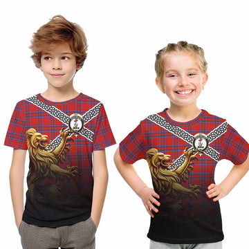 Rait Crest Tartan Kid T-Shirt with Golden Lion Emblem Celtic Style