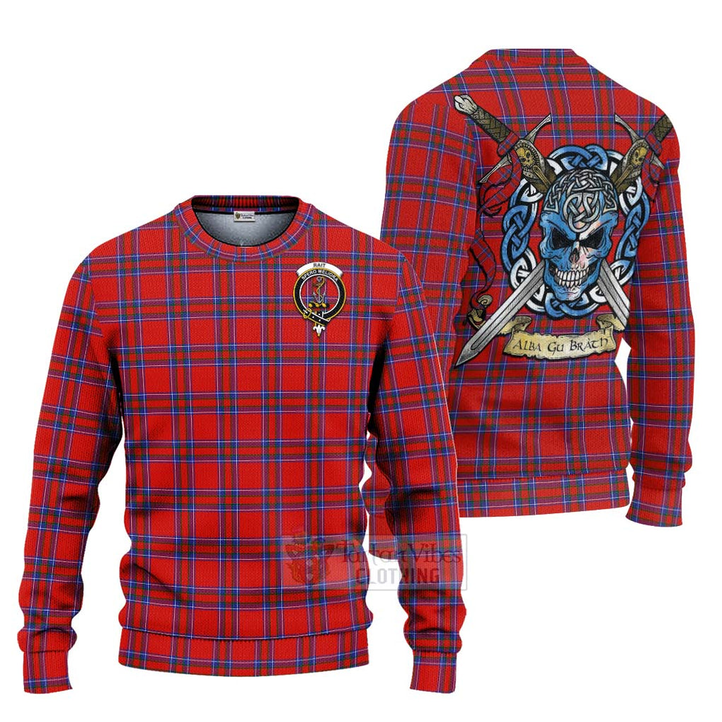 Tartan Vibes Clothing Rait Tartan Knitted Sweater with Family Crest Celtic Skull Style