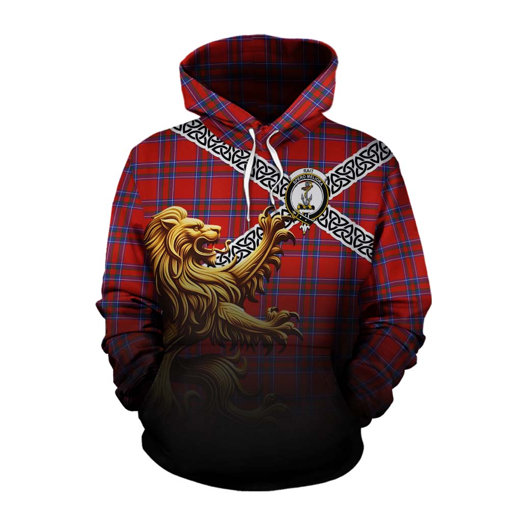 Tartan Vibes Clothing Rait Crest Tartan Cotton Hoodie with Golden Lion Emblem Celtic Style