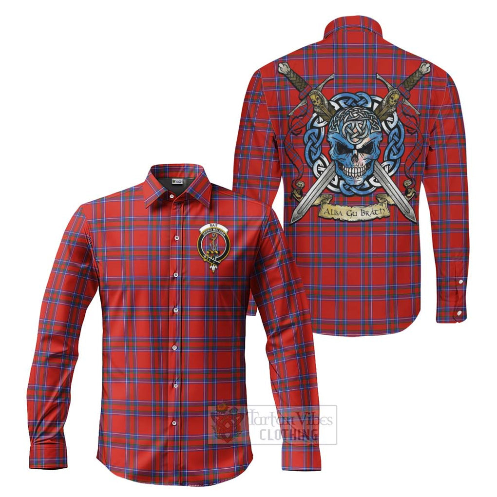 Tartan Vibes Clothing Rait Tartan Long Sleeve Button Shirt with Family Crest Celtic Skull Style