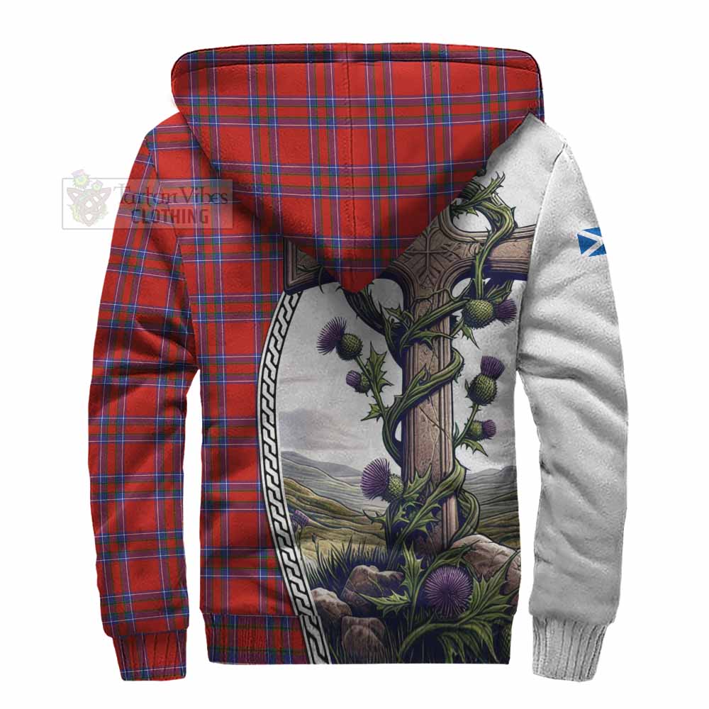 Tartan Vibes Clothing Rait Tartan Sherpa Hoodie with Family Crest and St. Andrew's Cross Accented by Thistle Vines