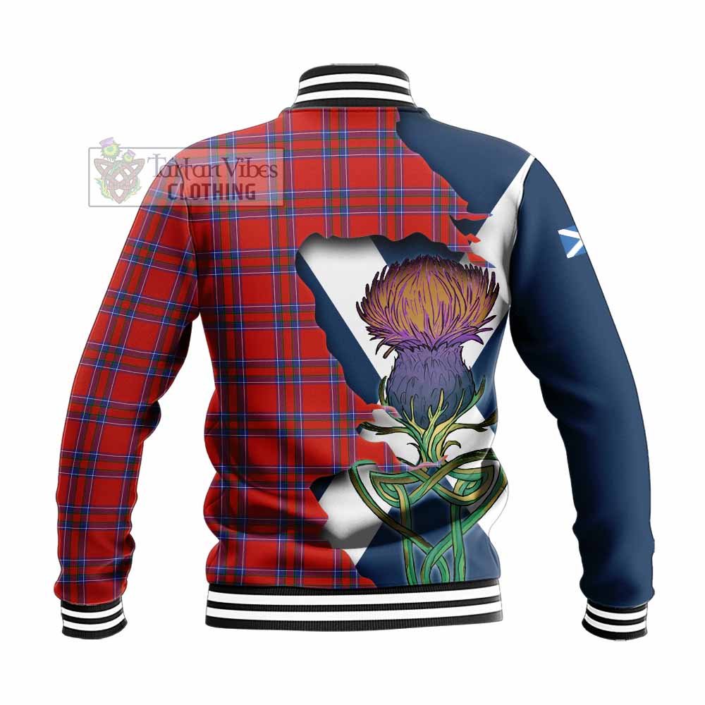 Tartan Vibes Clothing Rait Tartan Family Crest Baseball Jacket Scottish Thistle Celtic Inspired