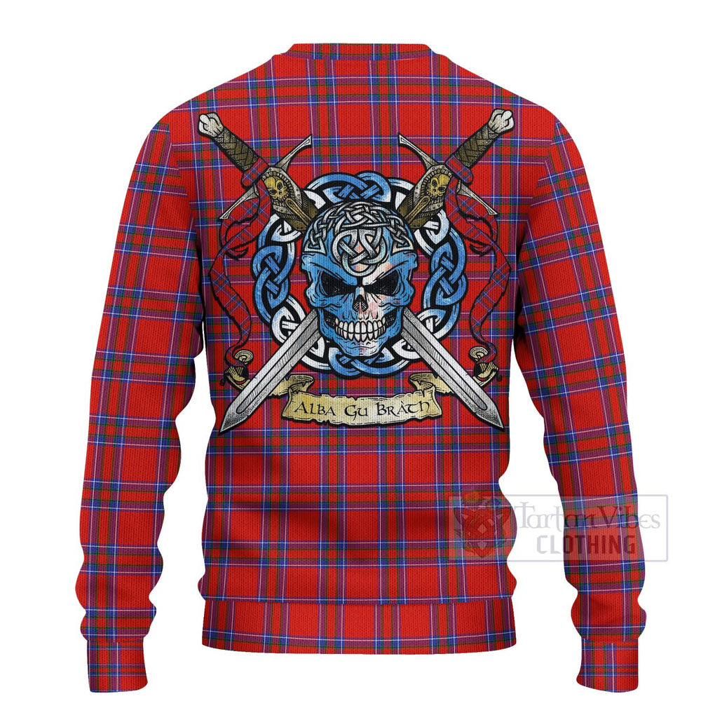 Tartan Vibes Clothing Rait Tartan Knitted Sweater with Family Crest Celtic Skull Style