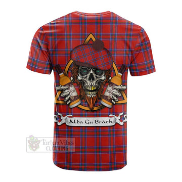Tartan Vibes Clothing Rait Tartan Cotton T-shirt with Family Crest and Bearded Skull Holding Bottles of Whiskey