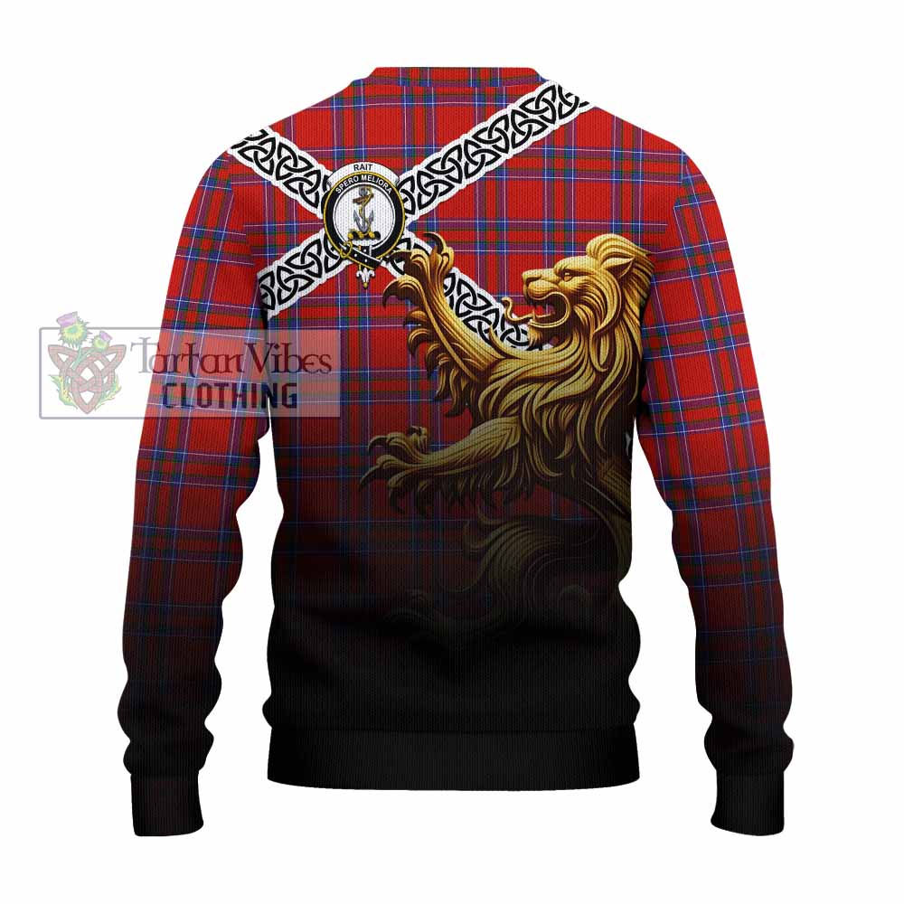 Tartan Vibes Clothing Rait Crest Tartan Knitted Sweater with Golden Lion Emblem Celtic Style