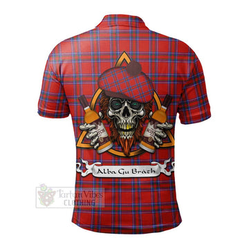 Tartan Vibes Clothing Rait Tartan Polo Shirt with Family Crest and Bearded Skull Holding Bottles of Whiskey